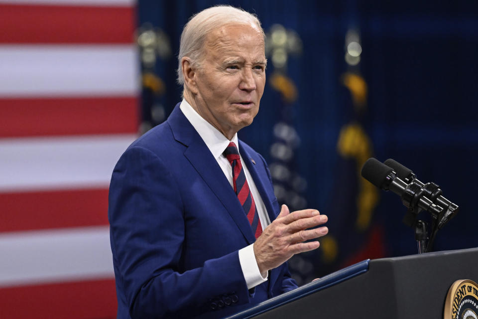 FILE - President Joe Biden speaks at an event in Raleigh, N.C., March. 26, 2024. A new poll from The Associated Press-NORC Center for Public Opinion Research conducted March 21-25, finds that while Americans say they respect the Constitution's checks and balances and don't want a president to have too much power, that view shifts if the candidate of their party wins the presidency. It’s a view held by members of both parties, though it's especially common among Republicans. (AP Photo/Matt Kelley, File)