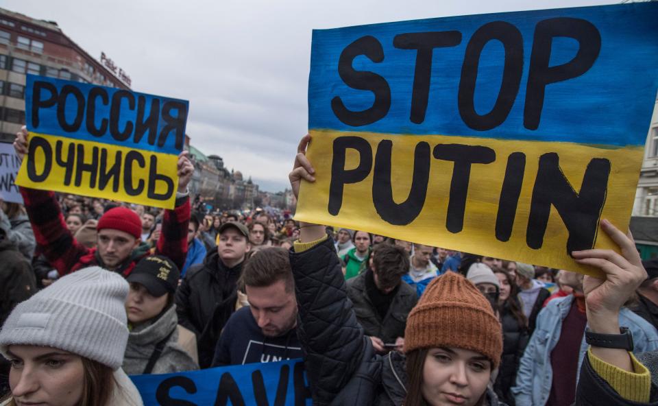 A male demonstrator amid a sea of protesters holds a blue and gold placard saying in Russian: Russia, awake. Another holds one in English saying: Stop Putin. 