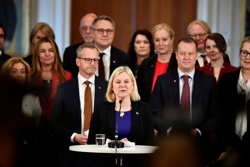 Sweden's Prime Minister Magdalena Andersson presents her team of new ministers