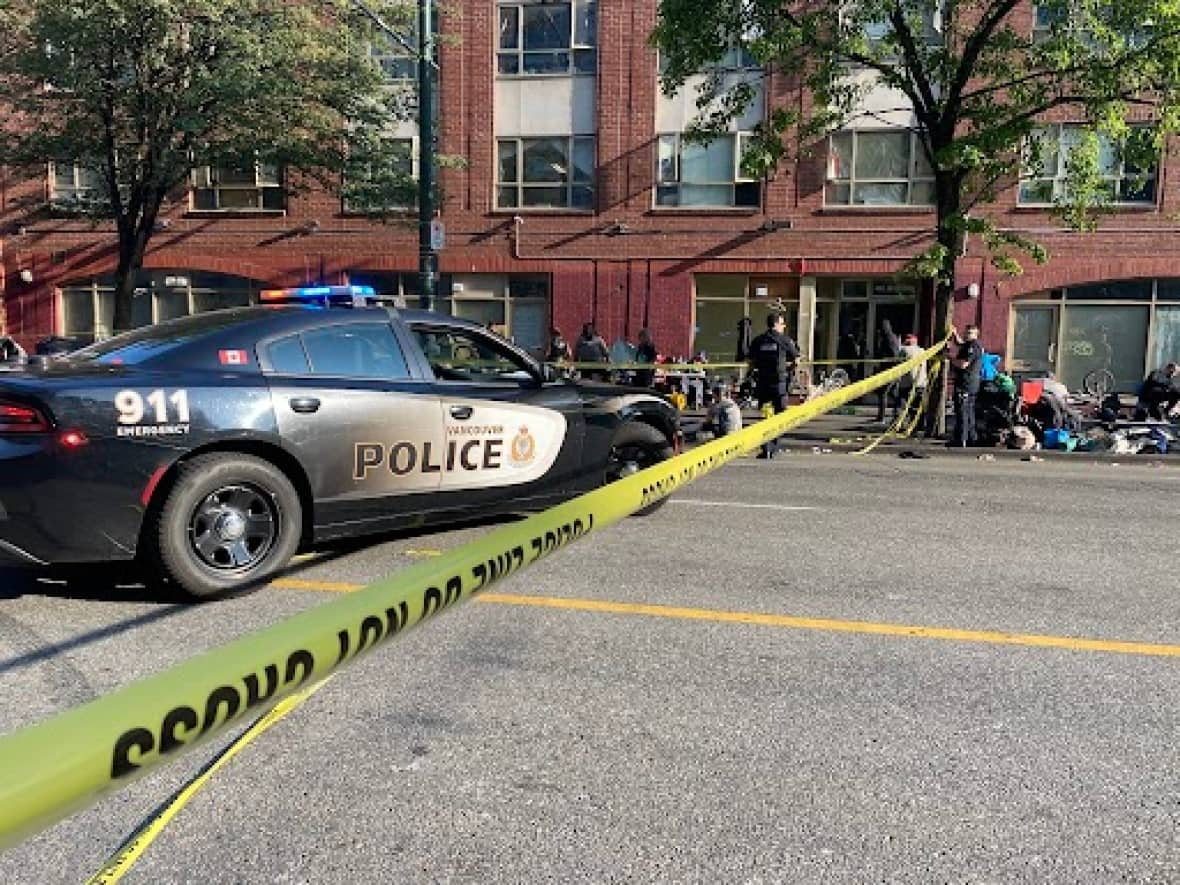 Two blocks of East Hastings were shut down Thursday evening as police investigated several serious assaults on June 1, 2023. (Liam Britten/CBC - image credit)