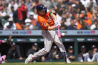 Houston Astros' Jake Meyers singles against the Detroit Tigers in the eighth inning of a baseball game, Sunday, May 12, 2024, in Detroit. (AP Photo/Paul Sancya)