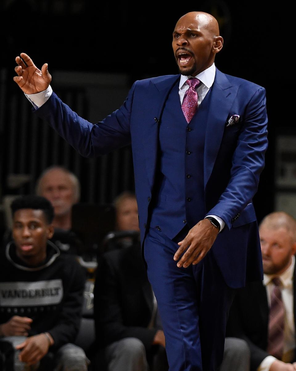 Vanderbilt head coach Jerry Stackhouse yells at his team during the first half against Alabama at Memorial Gym Wednesday, Jan. 22, 2020 in Nashville, Tenn. 