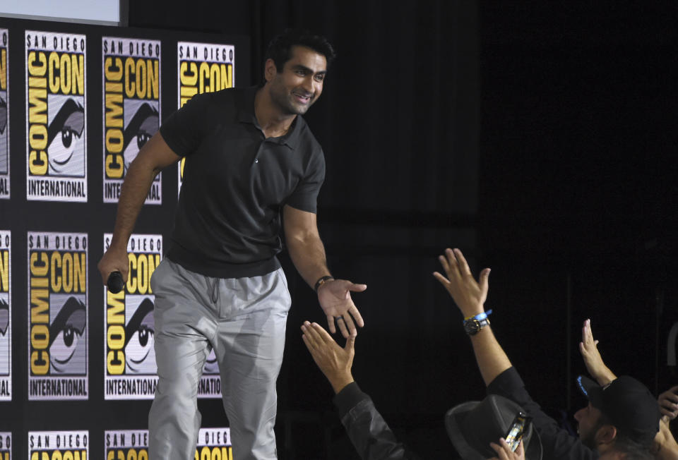 Kumail Nanjiani greets fans at the Marvel Studios panel on day three of Comic-Con International on Saturday, July 20, 2019, in San Diego. (Photo by Chris Pizzello/Invision/AP)