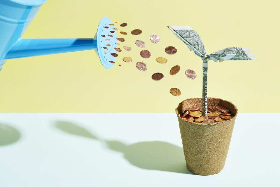 Watering can pouring coins over a plant growing in a pot made of money bills