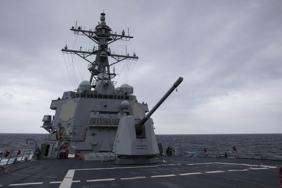 The Arleigh Burke-class guided-missile destroyer USS Ralph Johnson (DDG 114) conducts routine underway operations in the Taiwan Strait, on Sept. 9, 2023. (Mass Communication Specialist 1st Class Jamaal Liddell/U.S. Navy via AP)