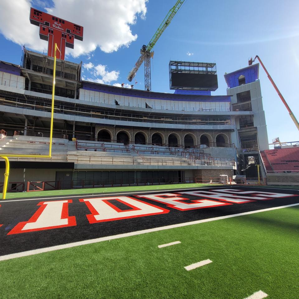 Progress on construction of the Jones AT&T Stadium south end zone building is shown on Tuesday, April 30, 2024. Among the building's features are a new Double T scoreboard, shown at upper left, and one of two video boards in the upper right.