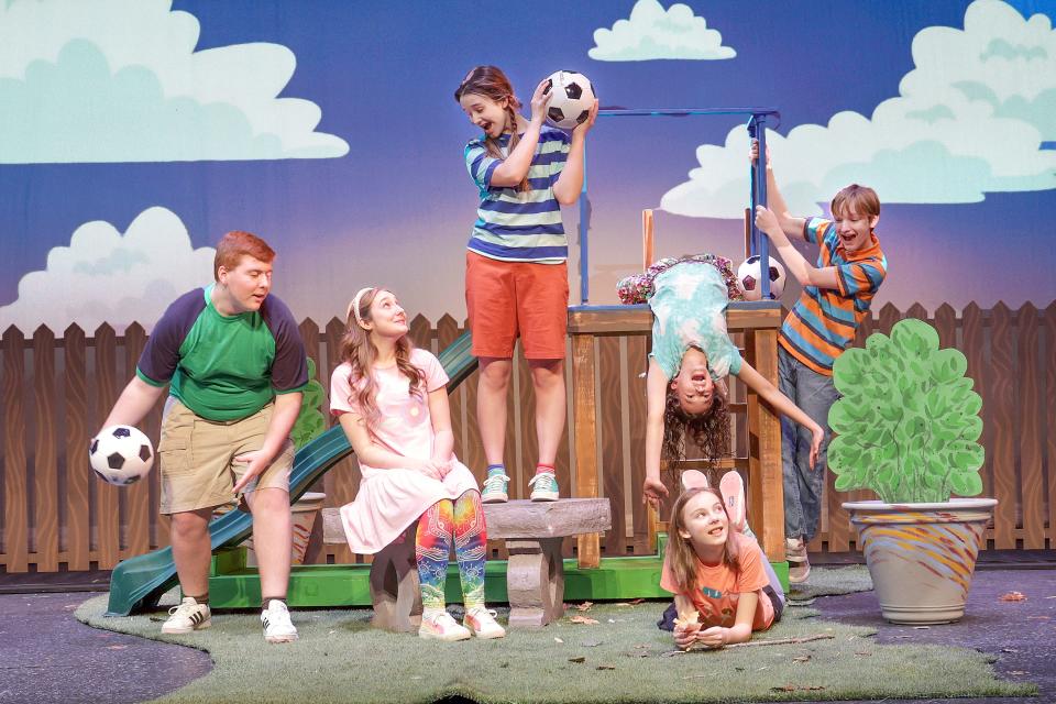 The popular "Ivy and Bean" books come to life in "Ivy + Bean The Musical," May 3-12 The Des Moines Playhouse. (Left to right) William Beebe, Madison Stone, Vivian Rosalie Coleman, Chloe Byrd, Megan Clement (laying down), and Blake Dreckman.