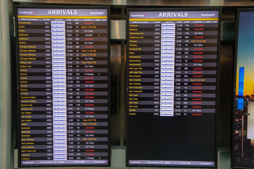 Los Angeles, CA - December 27: Southwest Airlines has canceled hundreds of flights, all departing flights from Los Angeles International Airport and the Southern California, region through Saturday, following days of widespread cancellations for the budget carrier at airports nationwide. LAX Southwest Terminal 1 on Tuesday, Dec. 27, 2022 in Los Angeles, CA. (Irfan Khan / Los Angeles Times)