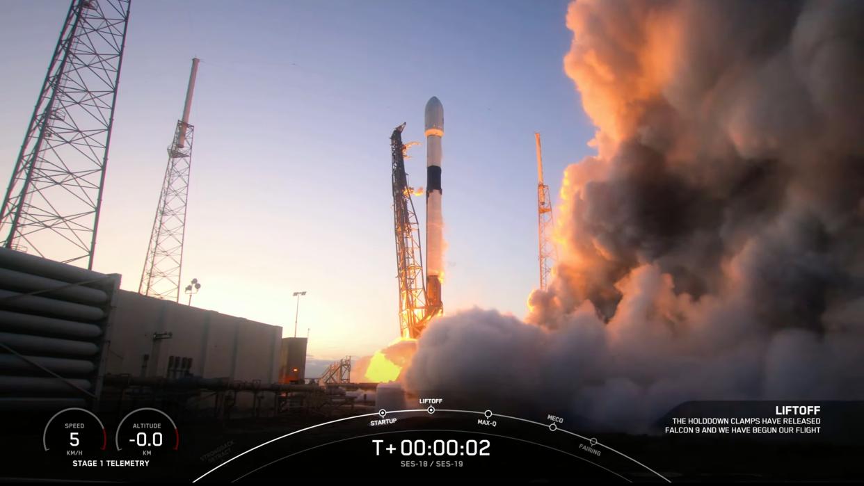  A SpaceX Falcon 9 rocket launches the SES-18 and SES-19 telecom satellites to orbit from Cape Canaveral Space Force Station in Florida on March 17, 2023. 