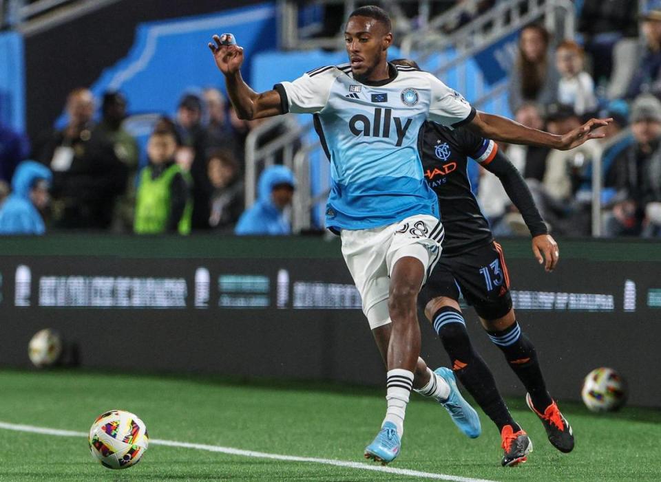 Charlotte FC’s Iuri Tavares dribbles the ball away from New York City FC’s Thiago Martins during the home opener at Bank of America Stadium in Charlotte, NC on February 24, 2024.