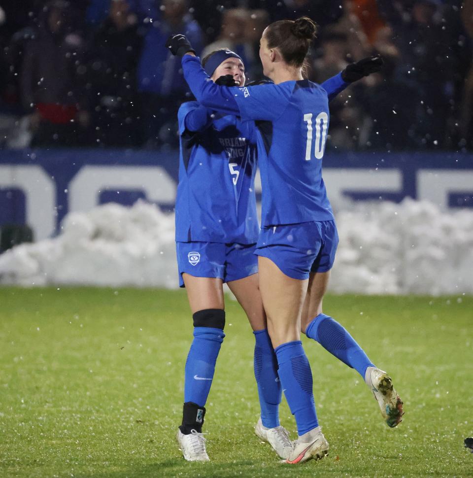 BYU midfielder Olivia Katoa (10) celebrates her goal with BYU defender Zoe Jacobs (5) after scoring against North Carolina during the NCAA tournament quarterfinals in Provo on Friday, Nov. 24, 2023. | Jeffrey D. Allred, Deseret News