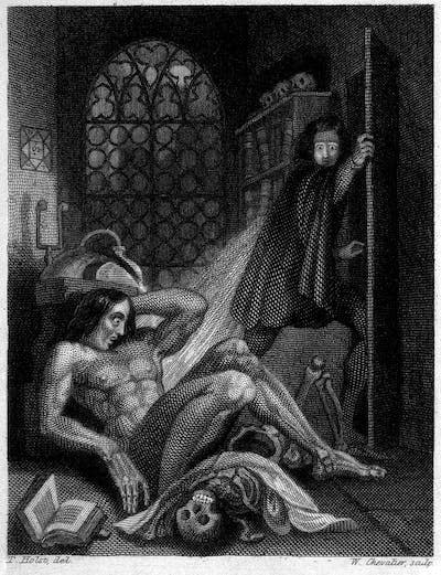 Ilustración de la edición revisada de 1831 de <em>Frankenstein o el moderno prometeo</em>, cuando el doctor descubre el resultado de su ‘obra’. <a href="https://commons.wikimedia.org/wiki/File:Frankenstein,_or_the_Modern_Prometheus_(Revised_Edition,_1831)_(page_6_crop).jpg" rel="nofollow noopener" target="_blank" data-ylk="slk:Wikimedia Commons;elm:context_link;itc:0;sec:content-canvas" class="link ">Wikimedia Commons</a>