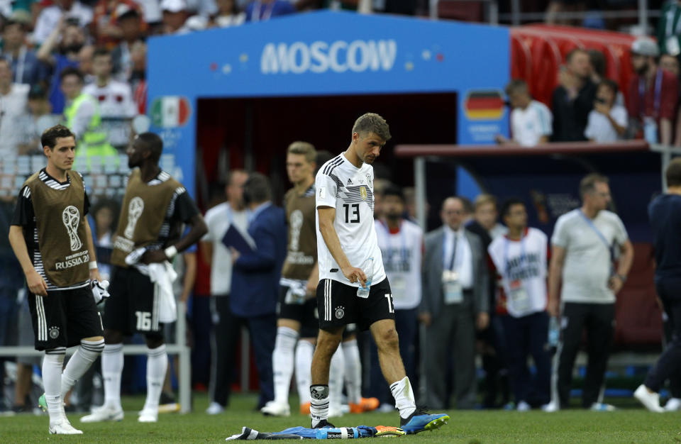 Thomas Muller reacts to Germany’s 1-0 loss to Mexico in Group F at the 2018 World Cup. (AP)