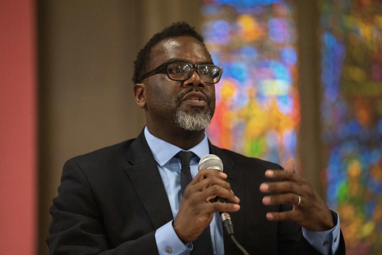 FILE - Cook County Commissioner Brandon Johnson participates in a forum with other Chicago mayoral candidates hosted by the Chicago Women Take Action Alliance Saturday, Jan. 14, 2023, at the Chicago Temple in Chicago. Johnson is endorsed by the Chicago Teachers Union, a group that has tangled with Chicago mayor Lori Lightfoot, including during an 11-day teachers strike during her first year in office. (AP Photo/Erin Hooley, File)