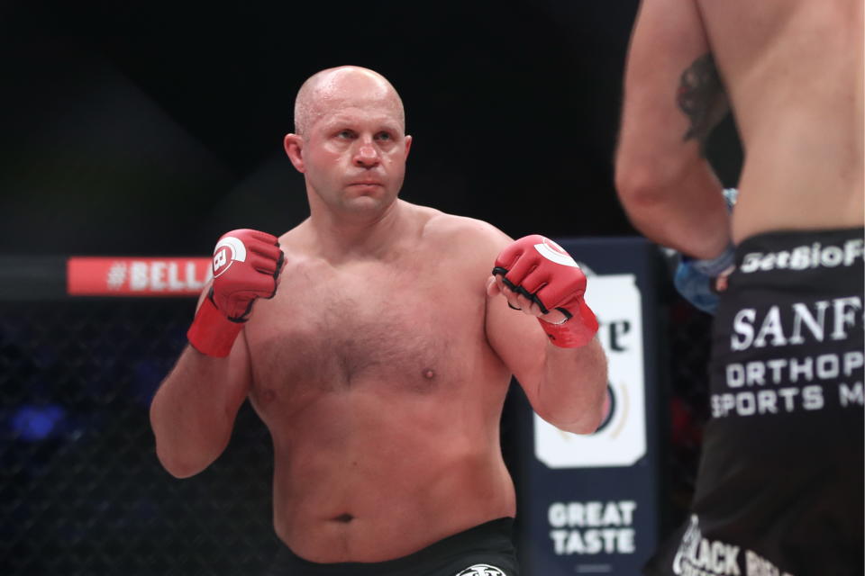 Fedor Emelianenko in the Bellator Heavyweight World Grand Prix final bout against his American rival Ryan Bader at the Forum in Inglewood, California. (Getty Images)