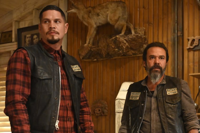 JD Pardo, left, and Michael Irby in "Mayans M.C." on FX.