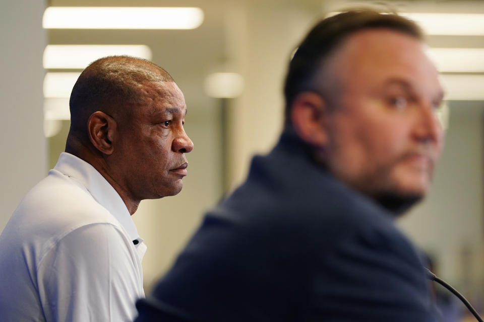 Philadelphia 76ers' Doc Rivers, left, and Daryl Morey listen to a question during a news conference at the team's NBA basketball practice facility, Friday, May 13, 2022, in Camden, N.J. (AP Photo/Matt Slocum)