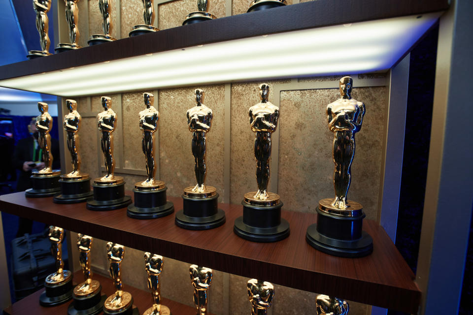 LOS ANGELES, CALIFORNIA – APRIL 25: (EDITORIAL USE ONLY) In this handout photo provided by A.M.P.A.S., a view of the Oscar statuettes backstage during the 93rd Annual Academy Awards at Union Station on April 25, 2021 in Los Angeles, California. (Photo by Richard Harbaugh/A.M.P.A.S. via Getty Images)