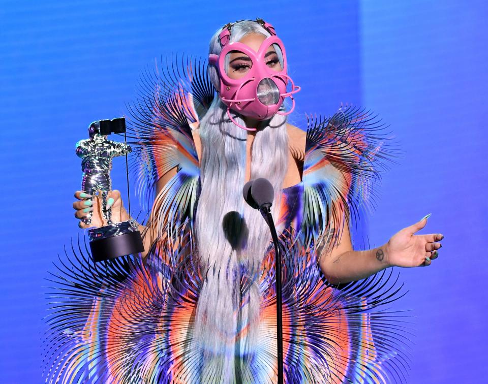 Lady Gaga accepts the Best Collaboration award for "Rain on Me" with Ariana Grande onstage during the 2020 MTV Video Music Awards, broadcast on Aug. 30.