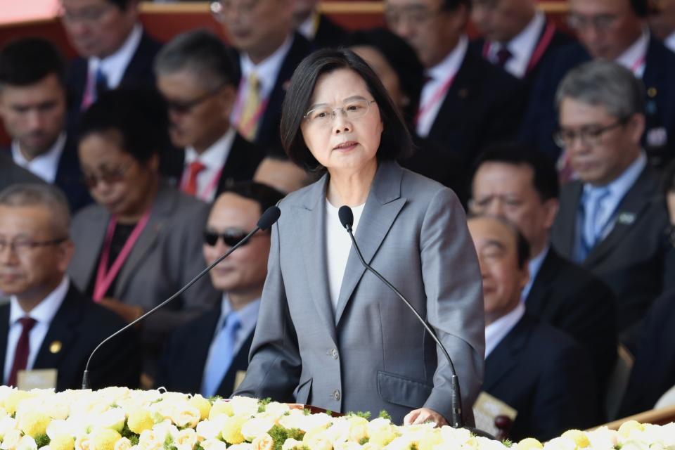 Taiwan President Tsai Ing-Wen speaks during National Day celebrations in front of the Presidential Palace in Taipei on October 10, 2019. - President Tsai Ing-wen pledged October 10 to defend Taiwan's sovereignty, calling it the "overwhelming consensus" among Taiwanese people to reject a model that Beijing has used to rule the now strife-torn Hong Kong. (Photo by Sam YEH / AFP) (Photo by SAM YEH/AFP via Getty Images)