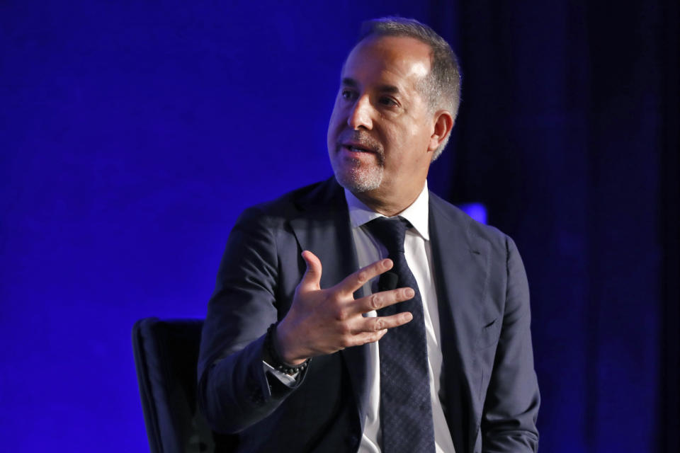 Inter Miami CF Managing Owner Jorge Mas is interviewed during the Major League Soccer 25th Season kickoff event in New York, Wednesday, Feb. 26, 2020. (AP Photo/Richard Drew)