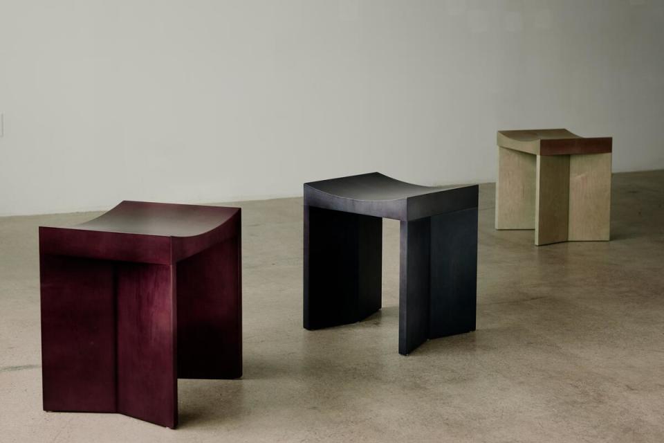 In rich purple Tinto, deep blue Tide and pale green Lichen, the Arc stool by Look Book participant Juntos Projects is made in Lewiston, Maine, from sustainably sourced hard maple