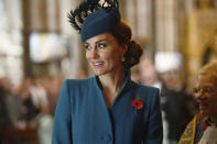 FILE - Britain's Kate, the Duchess of Cambridge attends the Anzac Day Service of Commemoration and Thanksgiving at Westminster Abbey, in London, April 25, 2019. Anzac Day has been commemorated in London since the first anniversary of the Anzac landings at Gallipoli in 1916, when King George V attended a service at Westminster Abbey and more than 2,000 Australian and New Zealand troops marched through the streets. The Duchess of Cambridge, who turns 40 on Sunday Jan. 9, 2022, has emerged as Britain’s reliable royal. After Prince Harry and Meghan’s stormy departure to California in 2020, the death of Prince Philip last year, and now sex abuse allegations against Prince Andrew, the former Kate Middleton remains in the public eye as the smiling mother of three who can comfort grieving parents at a children's hospice or wow the nation by playing piano during a televised Christmas concert. (Victoria Jones/Pool Photo via AP, File)