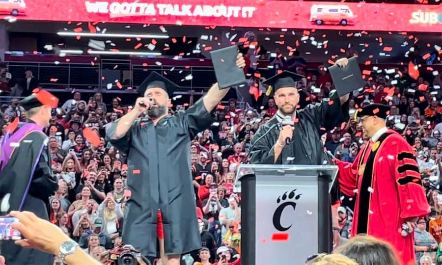 Travis Kelce and Jason Kelce End New Heights Live Show With Surprise UC College Graduation Ceremony