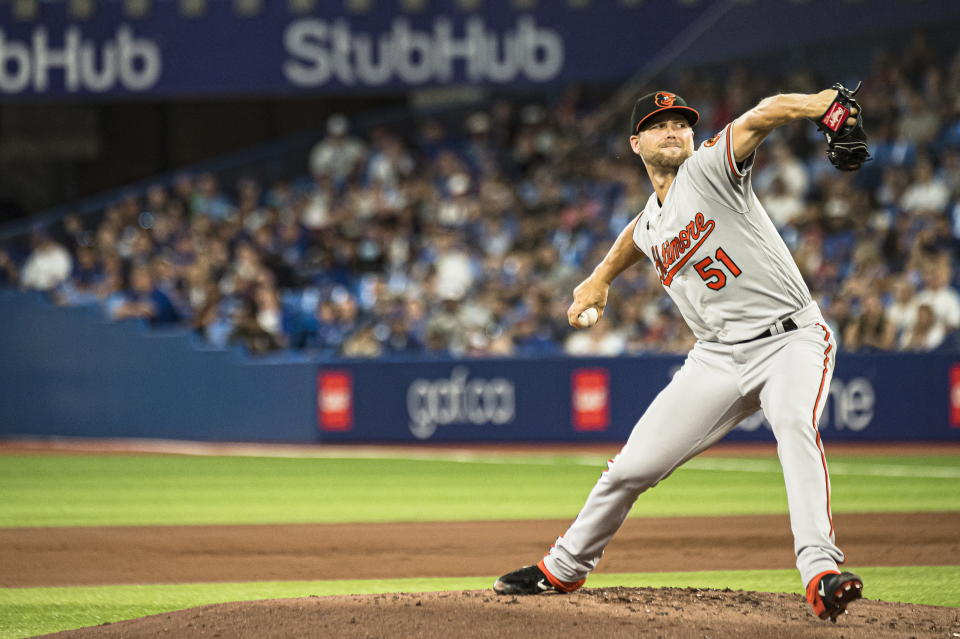 Baltimore Orioles starting pitcher Austin Voth (51) throws during the first inning of a baseball game against the Toronto Blue Jays in Toronto on Wednesday, Aug. 17, 2022. (Christopher Katsarov/The Canadian Press via AP)