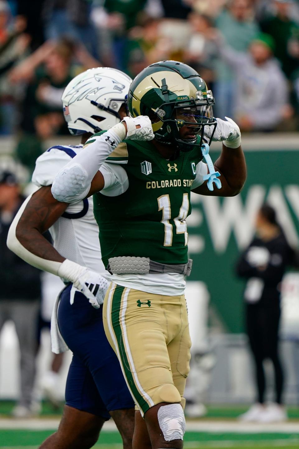 Nov 18, 2023; Fort Collins, Colorado, USA; Colorado State Rams wide receiver Tory Horton (14) celebrates a long pass reception in the third quarter against the Nevada Wolf Pack at Sonny Lubick Field at Canvas Stadium. Mandatory Credit: Michael Madrid-USA TODAY Sports