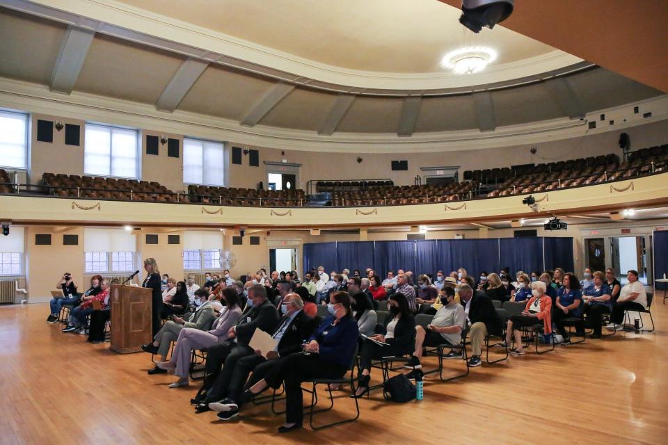 There was a large turnout during the state Department of Public Health public hearing at Nevins Hall in Framingham, July 6, 2022.