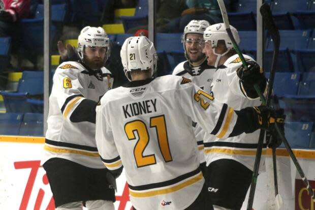 Liam Kidney celebrates a recent goal with his Cape Breton Eagles teammates. The Eagles are the only team in the QMJHL's Maritimes division currently allowed to play games.