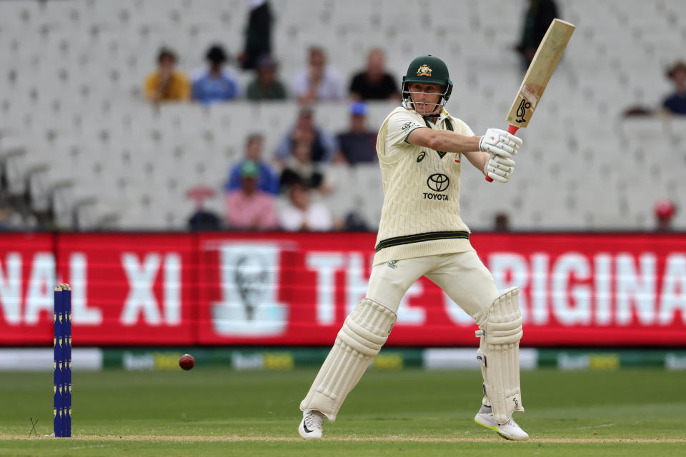 Australia's Marnus Labuschagne bats against Pakistan during their cricket test match in Melbourne, Tuesday, Dec. 26, 2023. (AP Photo/Asanka Brendon Ratnayake)