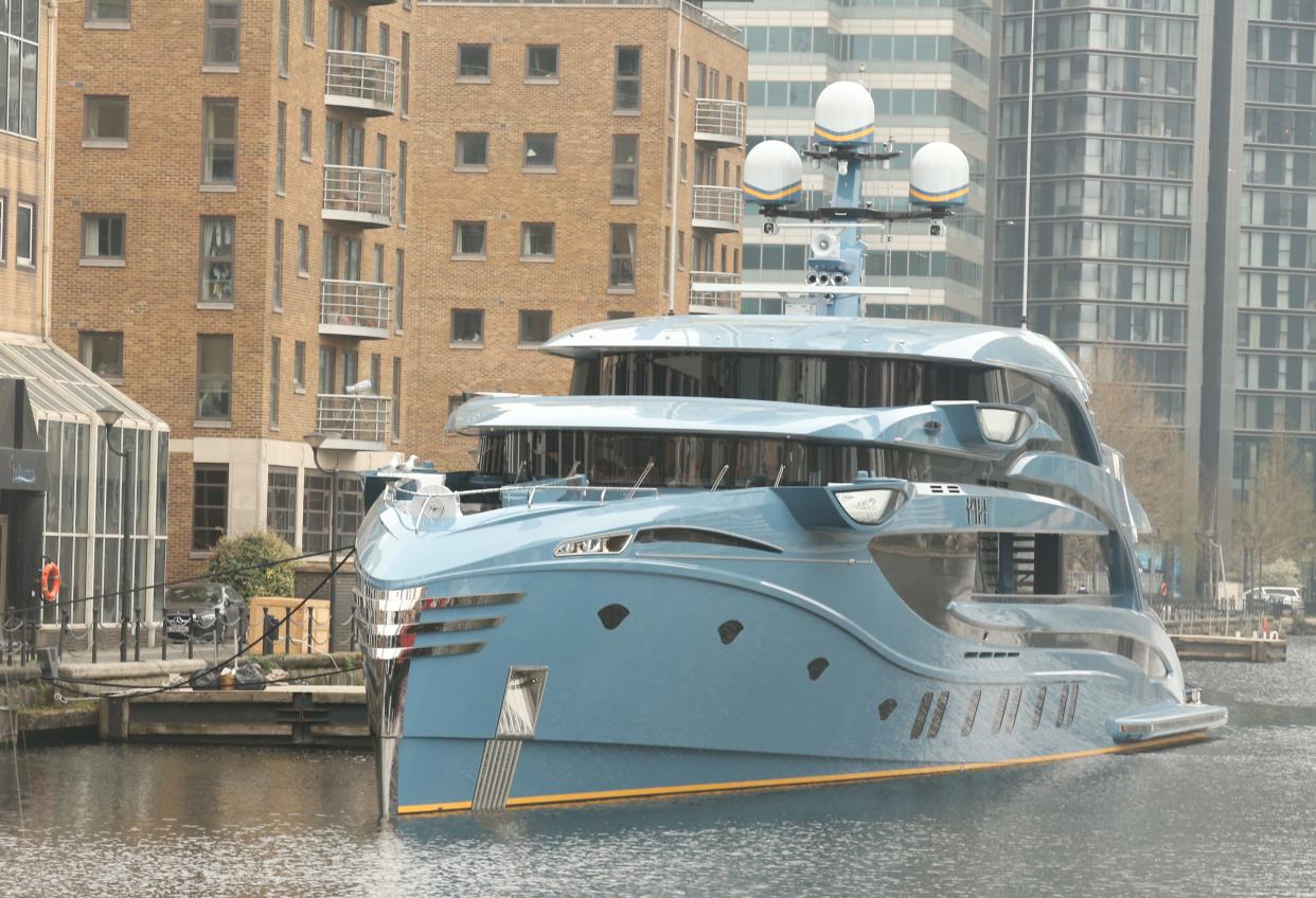 The superyacht Phi owned by a Russian businessman in Canary Wharf, east London which has been detained as part of sanctions against Russia.