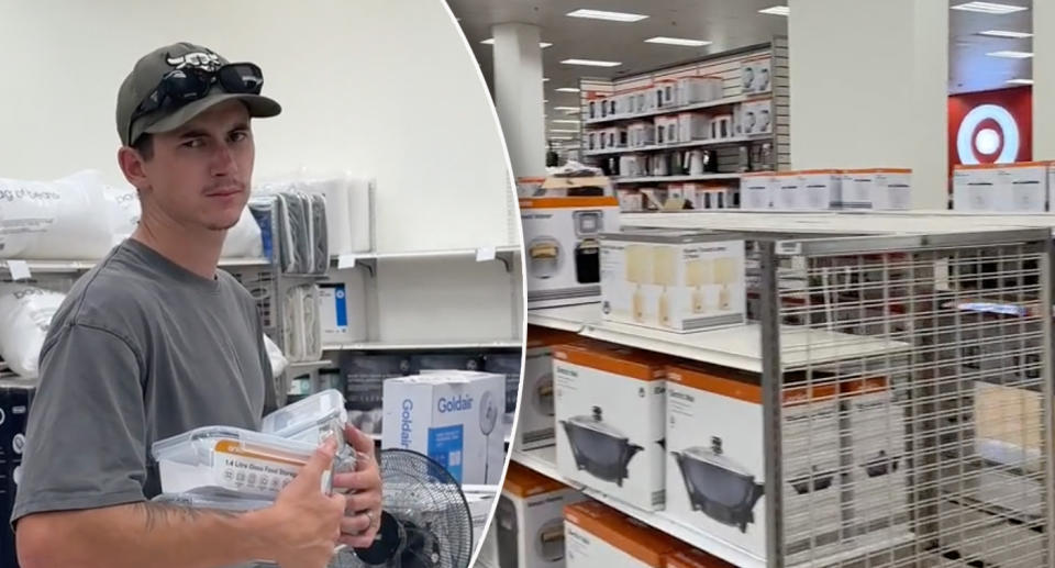 Left: Target shopper Josh looking at the camera unhappily. Right: A Target store with shelves filled with Anko homeware products.