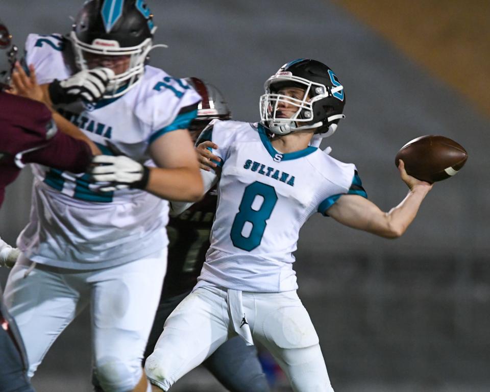 Sultana's Jacob Higgs throws a pass against Granite Hills on Sept. 9.