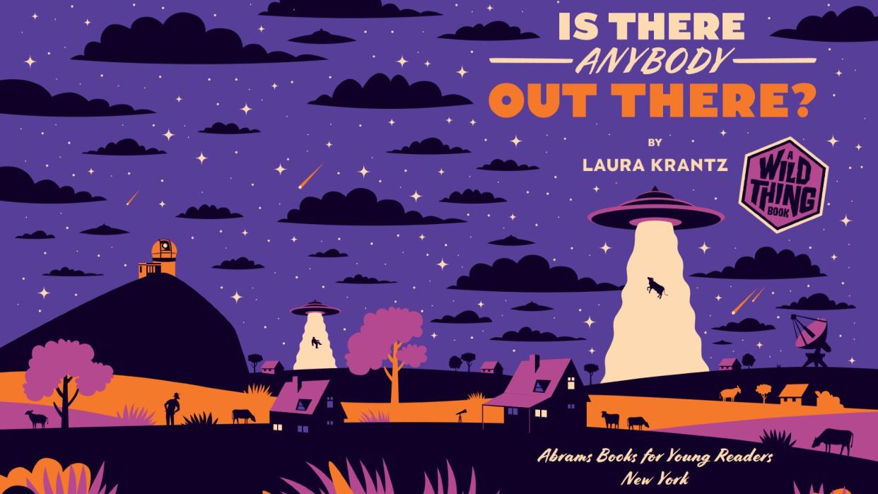  A book cover showing a flying saucer picking up a cow with a tractor beam with the words "Is There Anybody Out There? by Laura Krantz". 