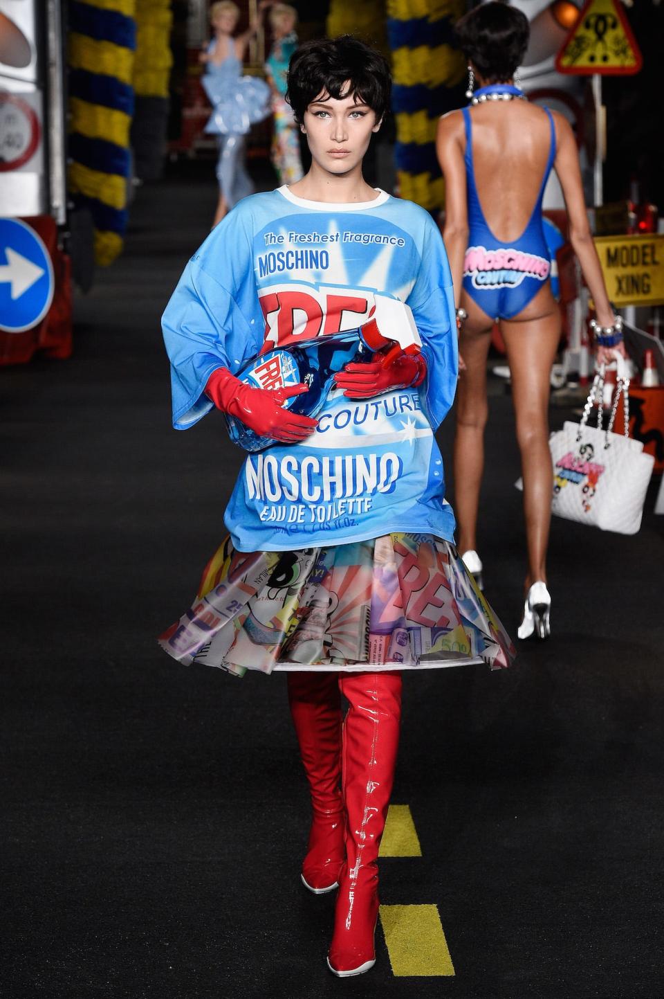 Bella Hadid walks in a Moschino show in Milan, Italy, on September 24, 2015.