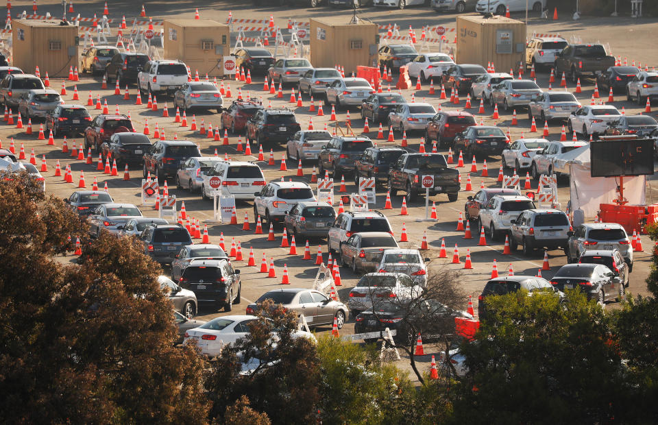 The Dodger Stadium COVID-19 testing site, which is the largest in the U.S., on Jan, 4, 2021<span class="copyright">Al Seib—Los Angeles Times/Getty Images</span>