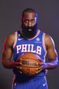 Philadelphia 76ers' James Harden poses for a photograph during media day at the NBA basketball team's practice facility, Monday, Sept. 26, 2022 in Camden, N.J. (AP Photo/Chris Szagola)