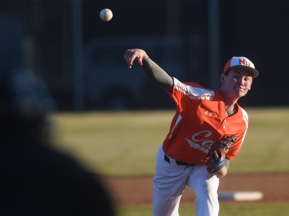 New Hanover pitcher Bromley Thornton throws against Topsail at Buck Hardee Field in Wilmington, N.C., Tuesday, April 12, 2022.   [MATT BORN/STARNEWS]