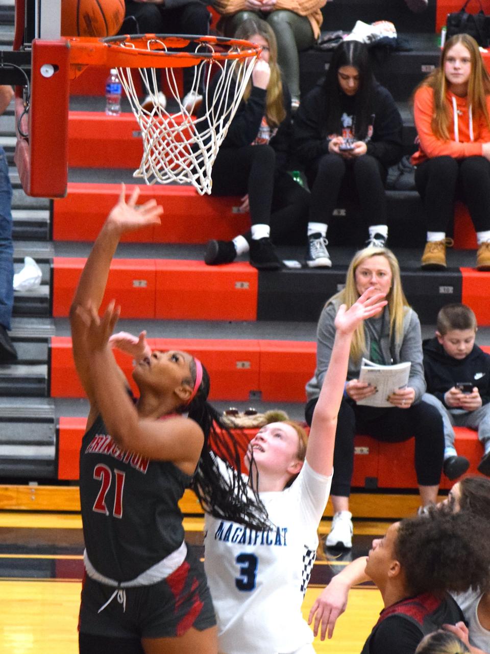 Princeton post Kali Forston goes up for two of her 15 points against Magnificat. Forston also grabbed a dozen rebounds for the defending state champs in their win over the Blue Streaks.