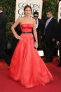 Jennifer Lawrence: This Dior Haute Couture dress reminds us of the <a href="http://ca.shine.yahoo.com/photos/jennifer-lawrence-s-best-looks-slideshow/" data-ylk="slk:slinky red Calvin Klein;elm:context_link;itc:0;sec:content-canvas;outcm:mb_qualified_link;_E:mb_qualified_link;ct:story;" class="link  yahoo-link">slinky red Calvin Klein</a> Jennifer wore to the 2011 Oscars, not so much because of the colour but because of the excitement it brought out of us. The 'Silver Linings Playbook star' and Golden Globe and Oscar nominee is a knockout in the strapless number. The gold belt pulls the look together and makes it look young and modern. (Photo by Steve Granitz/WireImage)