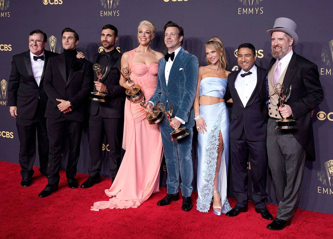 “Ted Lasso” won seven Emmy Awards last September. The stars, from left: Jeremy Swift, Phil Dunster, Brett Goldstein, Hannah Waddingham, Jason Sudeikis, Juno Temple, Nick Mohammed and Brendan Hunt.