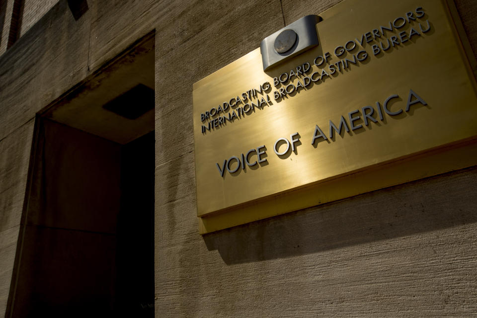 FILE - This June 15, 2020, file photo shows the Voice of America building in Washington. More than a dozen journalists with the U.S. government's premier international broadcaster, Voice of America, may soon have to leave the United States as their visas expire with no action from the agency's new leadership. (AP Photo/Andrew Harnik, File)