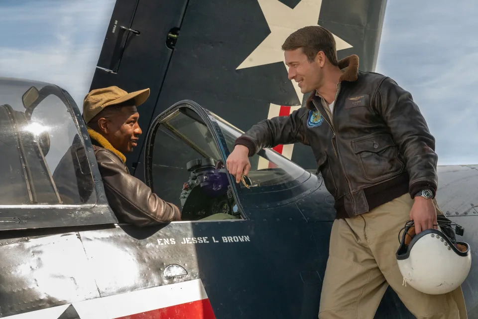 Jonathan Majors and Glen Powell as real-life Korean War aviators Jesse Brown and Tom Hudner in the new drama, Devotion. (Photo: Sony Pictures/Courtesy Everett Collection)