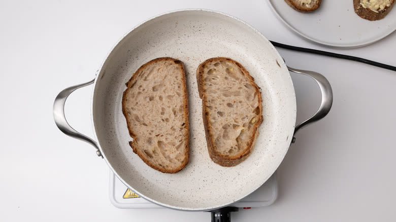 bread in a frying pan