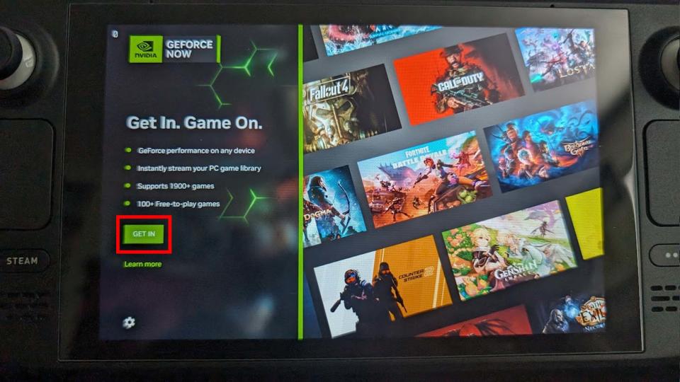 Install NVIDIA GeForce Now on Steam Deck: Select Get In.