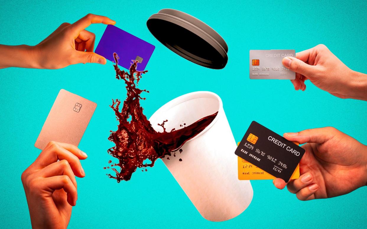 Montage of takeaway coffee and debit cards