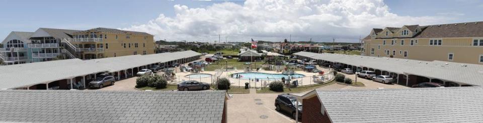 A panorama of The Cavalier By The Sea Motel, photographed on June 29, 2021 in Kill Devil Hills N.C. The historic motel was build by Roy and Dot Wescott on NC 12. It opened on Memorial Day in 1950.